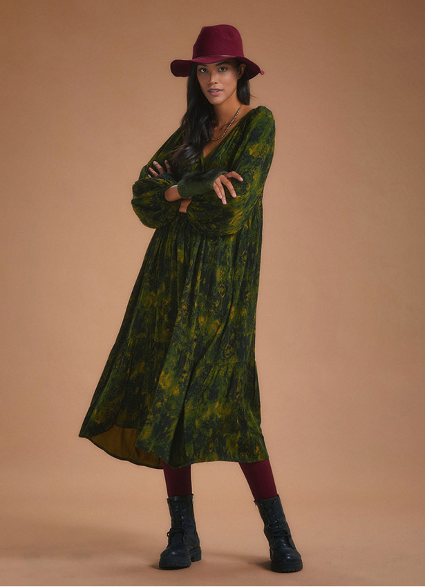 Loose Fit Tiered Long Puff Sleeve Dress